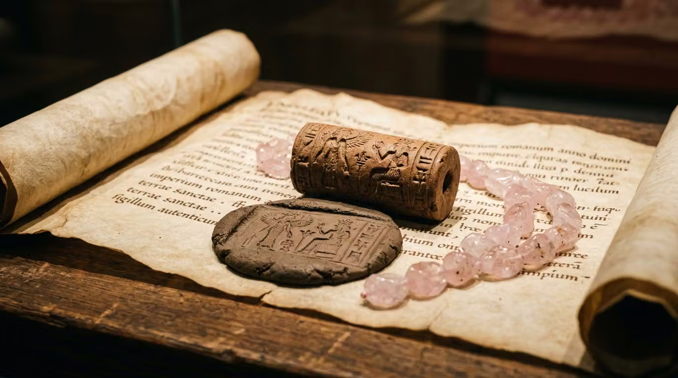 Stylizowana kompozycja historyczna z kwarcem różowym i dawnymi pieczęciami